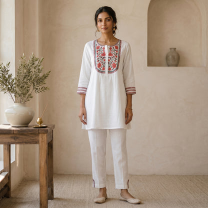 White Floral Short Kurti