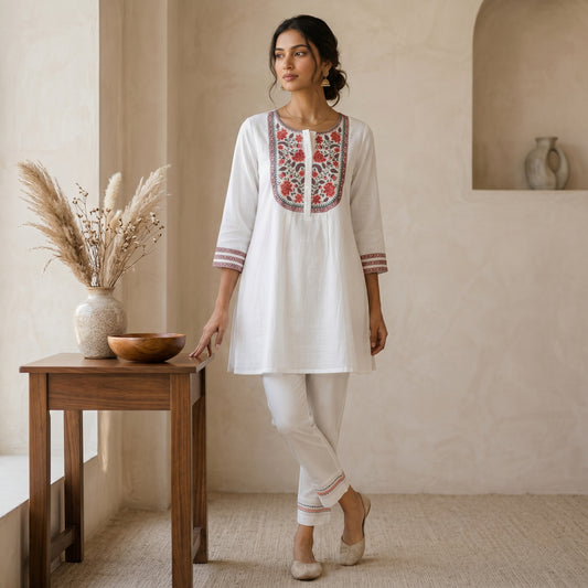 White Floral Short Kurti