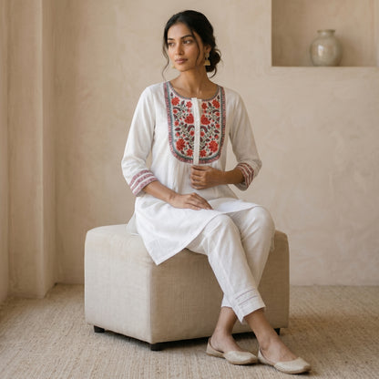 White Floral Short Kurti