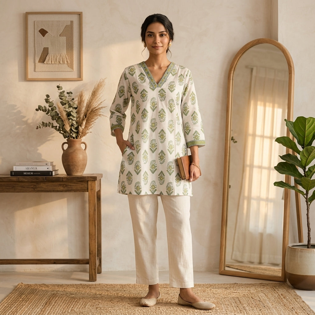 Green Floral Printed Short Kurti