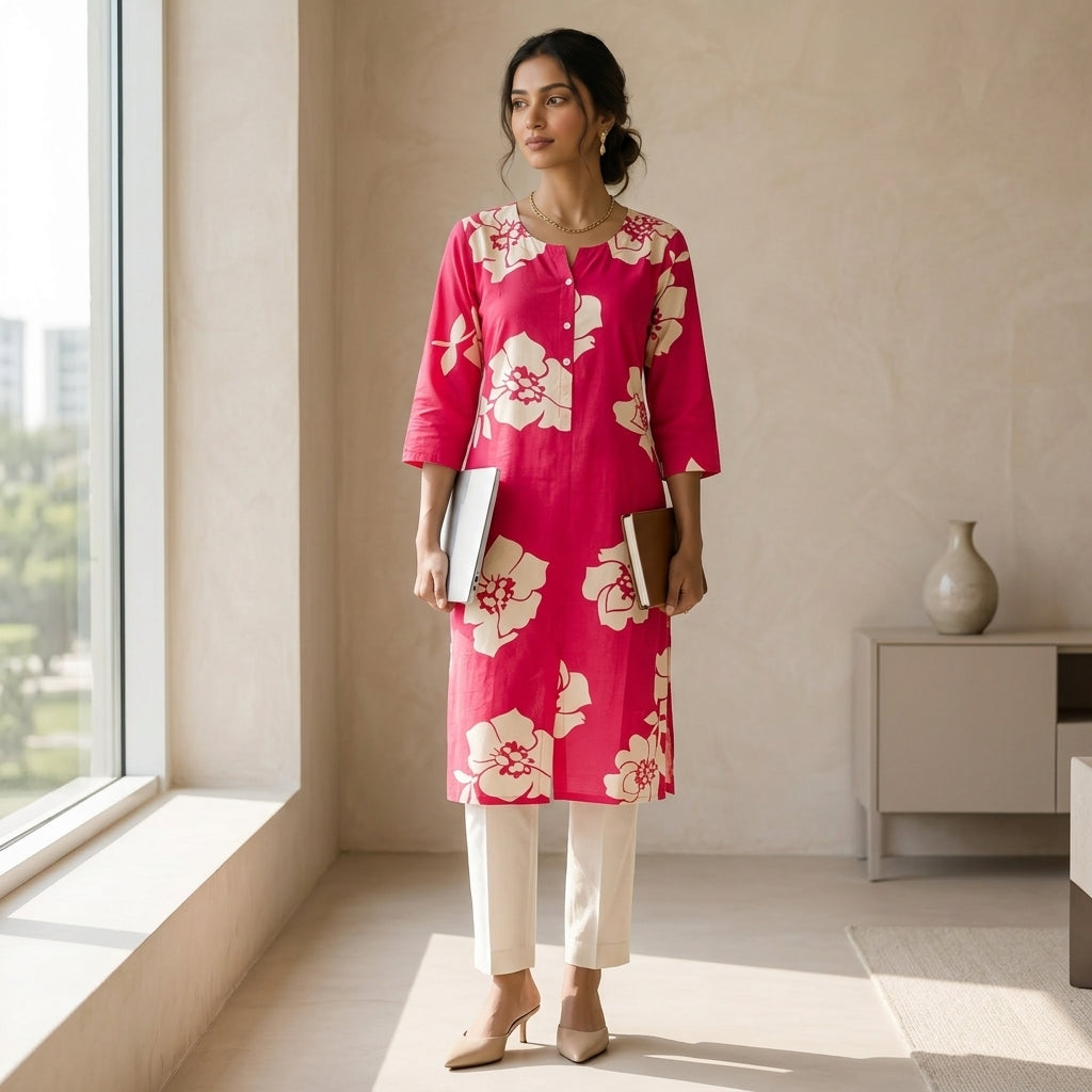Pink Floral Long Kurti
